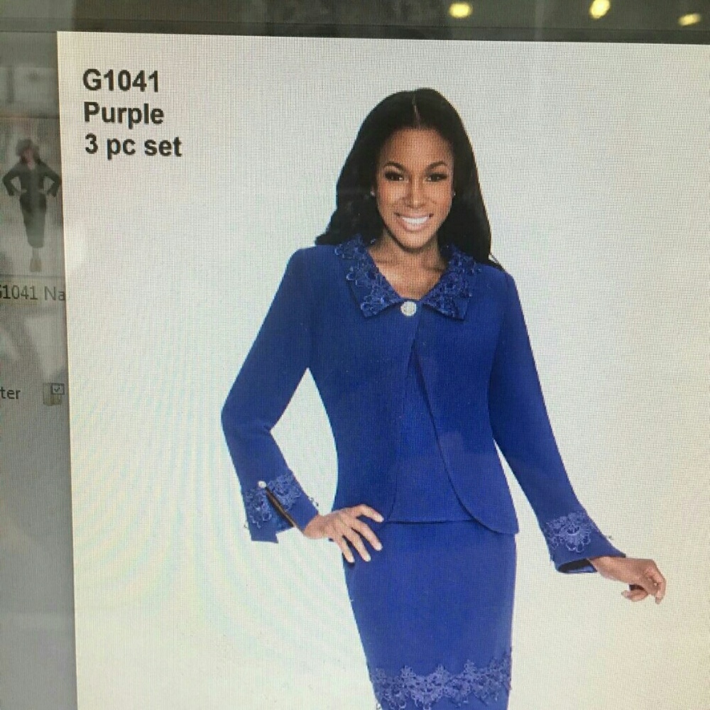 3 pc purple suit, with a slight trumpet skirt bott